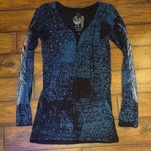 "Affliction"  Blue and Black Long Sleeve Studded Top. Size M.